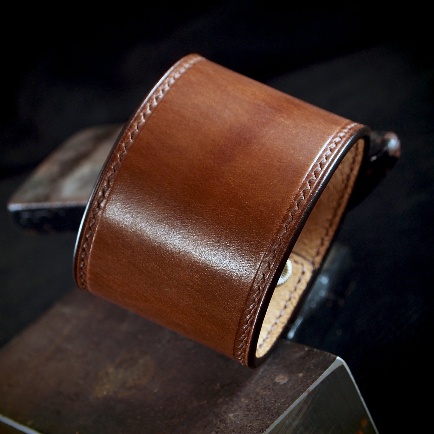 2" brown & brass handstitched snap cuff. Made In NEW YORK, USA Premium Italian Veg-tan leather