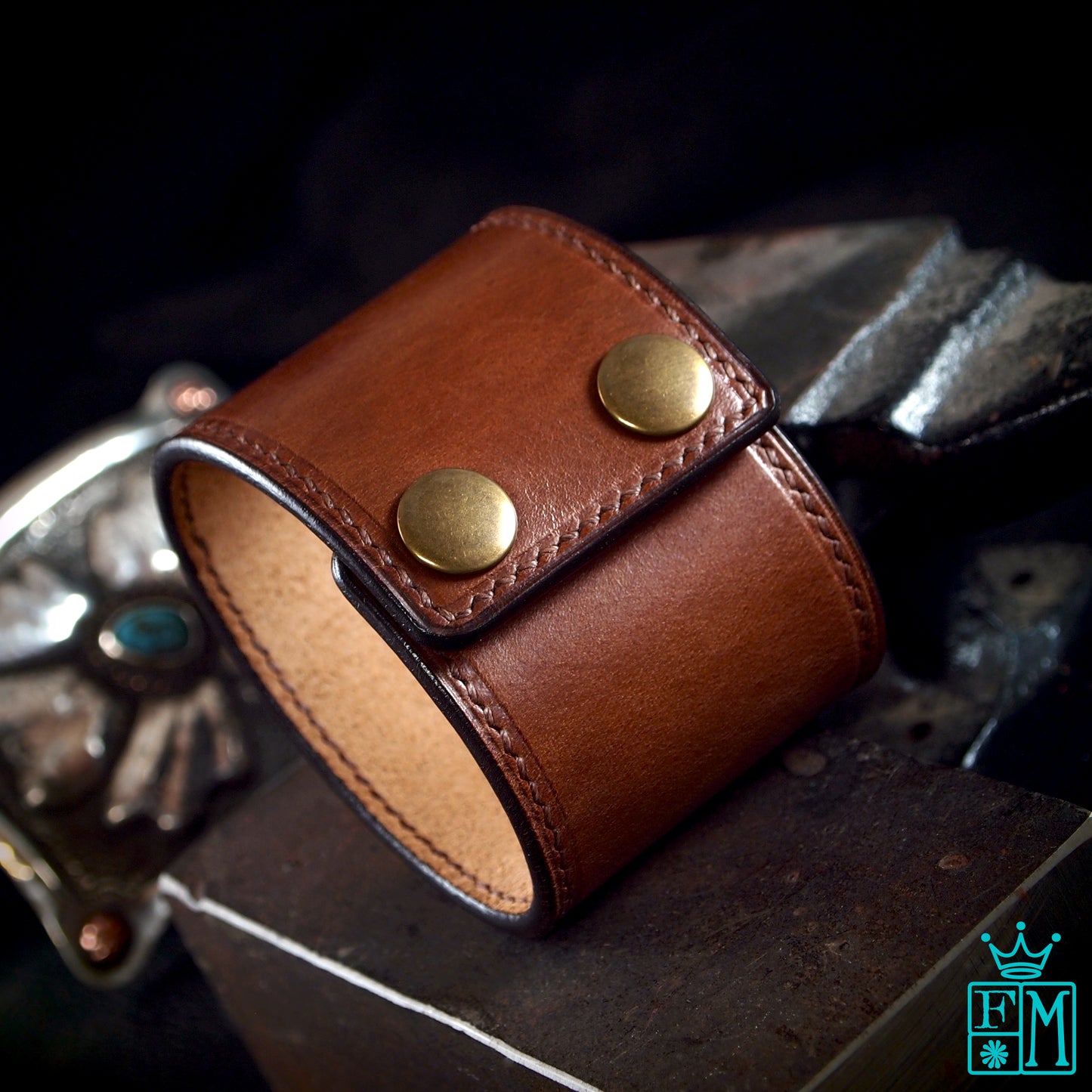 2" brown & brass handstitched snap cuff. Made In NEW YORK, USA Premium Italian Veg-tan leather