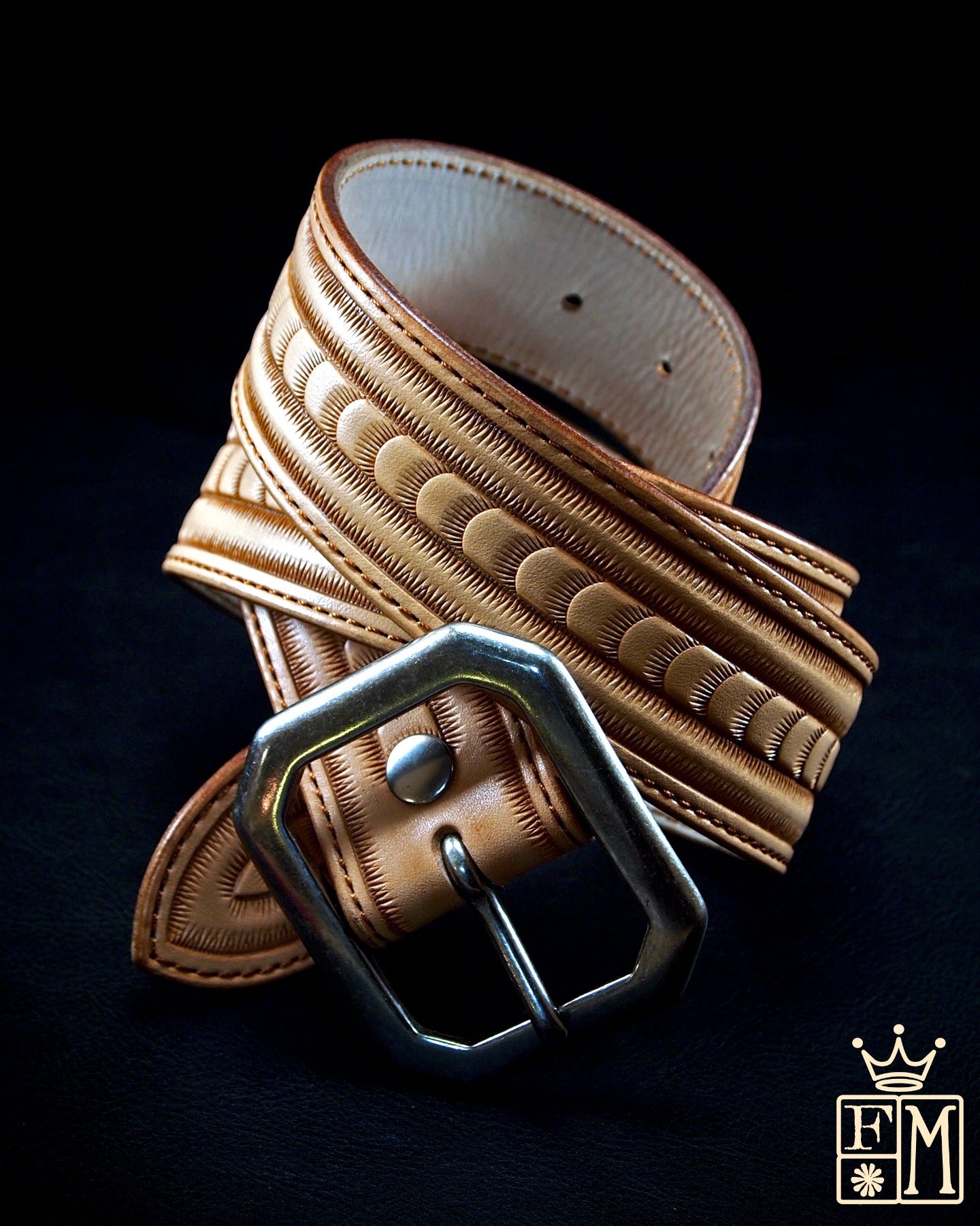 Hand tooled natural belt. Unique FM design