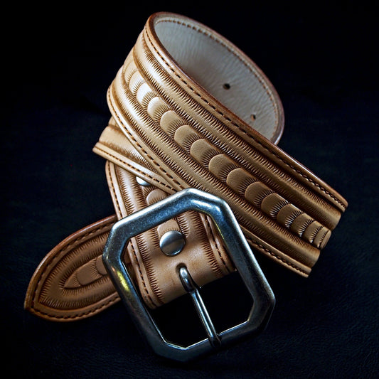 Hand tooled natural belt. Unique FM design