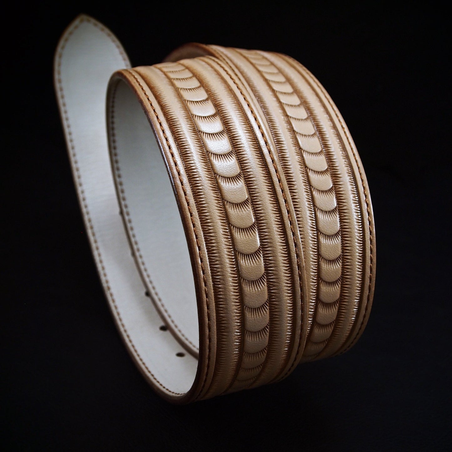 Hand tooled natural belt. Unique FM design
