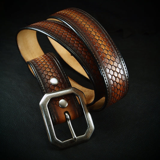 Hand tooled sunburst dragon scale belt. Unique FM design