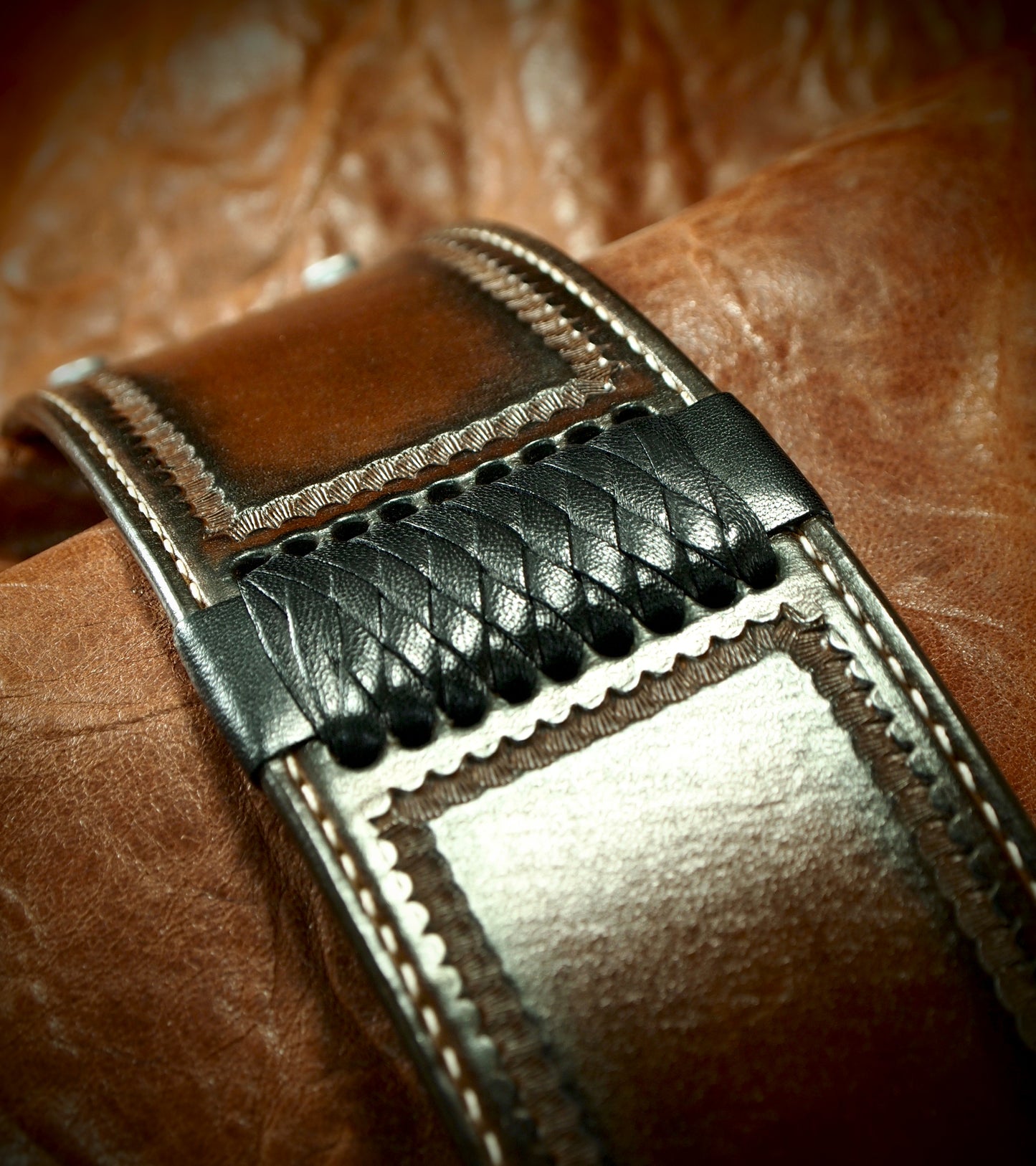 Brown Leather cuff Bracelet : Braided Saddle wristband Handstitched. Handcrafted in New York!