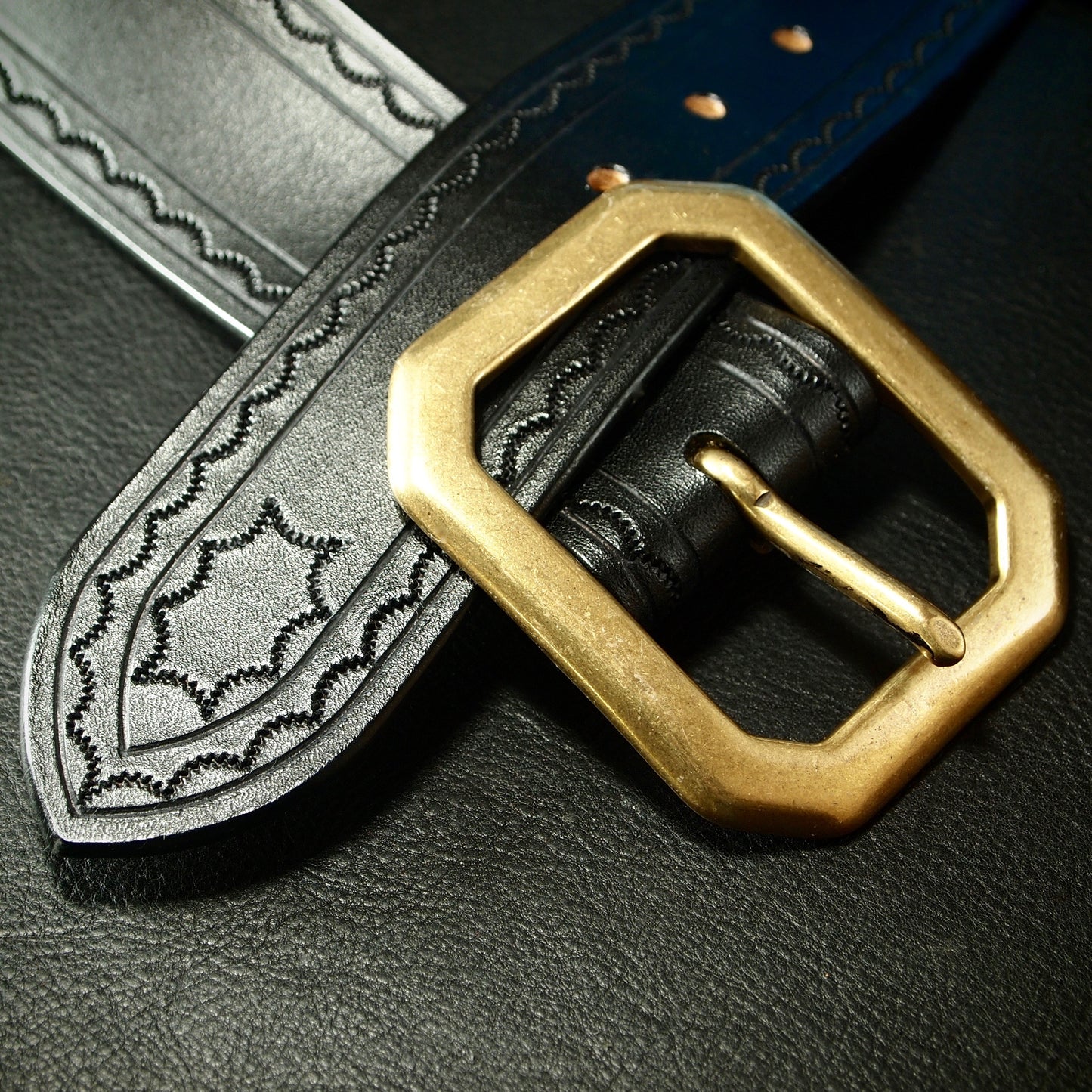 Hand tooled black belt. Unique FM design
