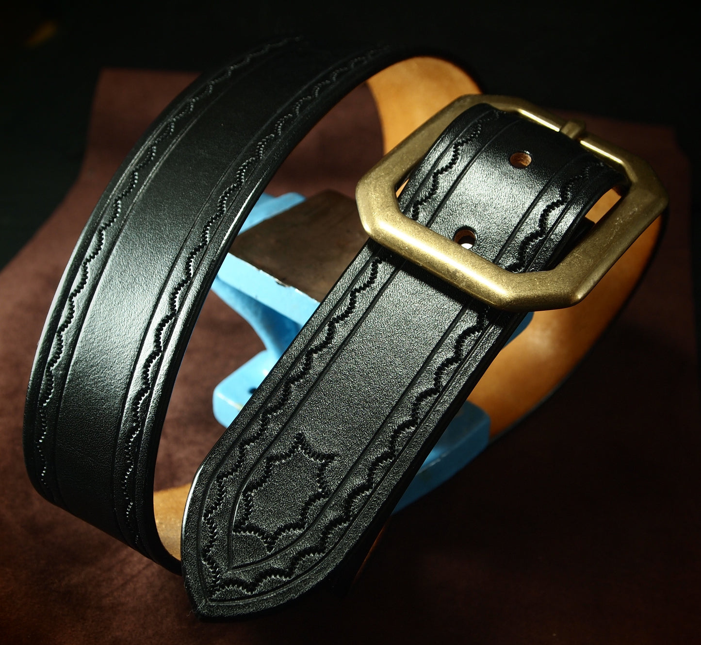 Hand tooled black belt. Unique FM design