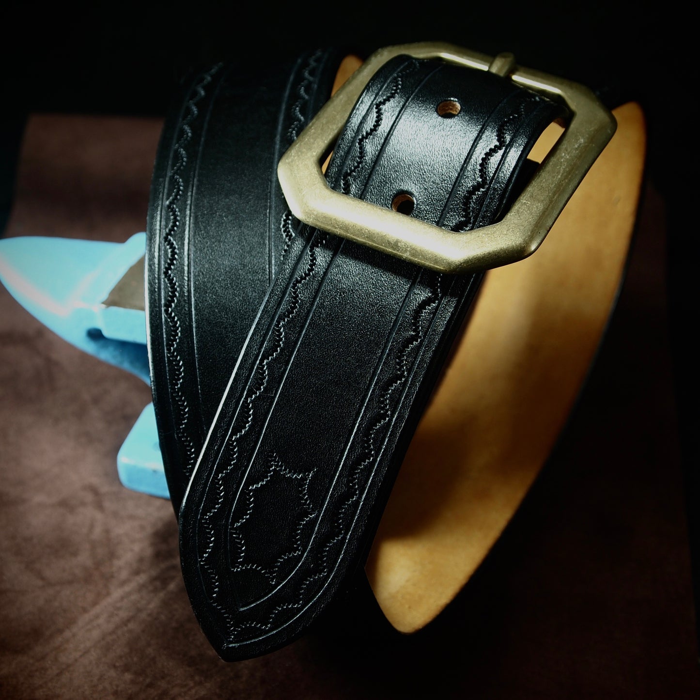 Hand tooled black belt. Unique FM design