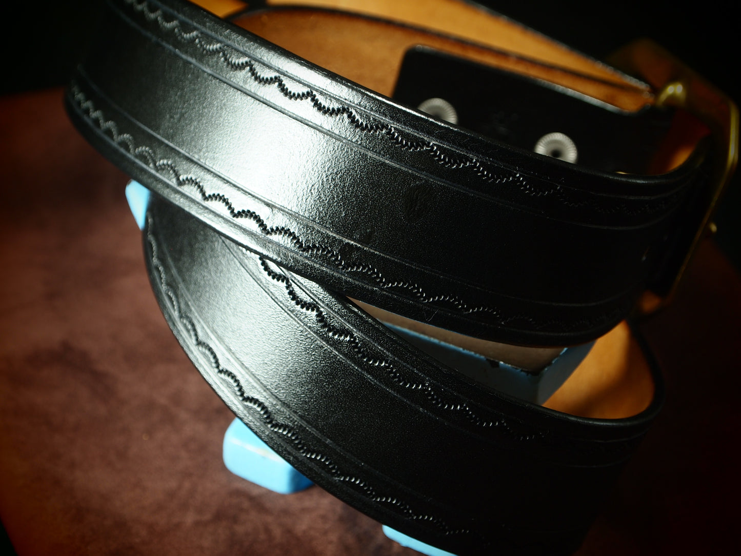 Hand tooled black belt. Unique FM design