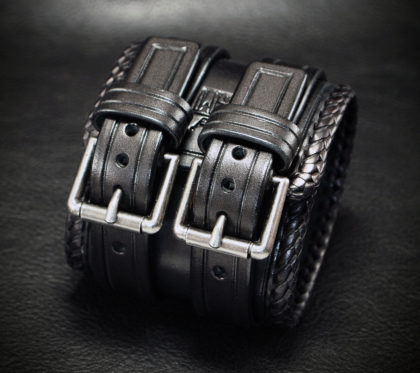 2.5" black double strap Kangaroo Laced edge Leather cuff