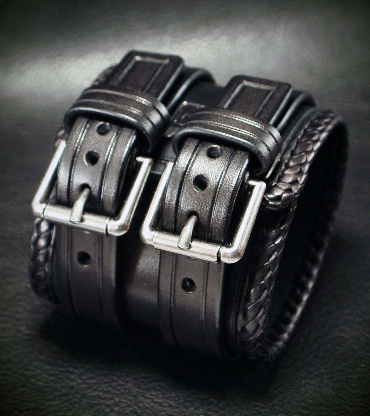 2.5" black double strap Kangaroo Laced edge Leather cuff