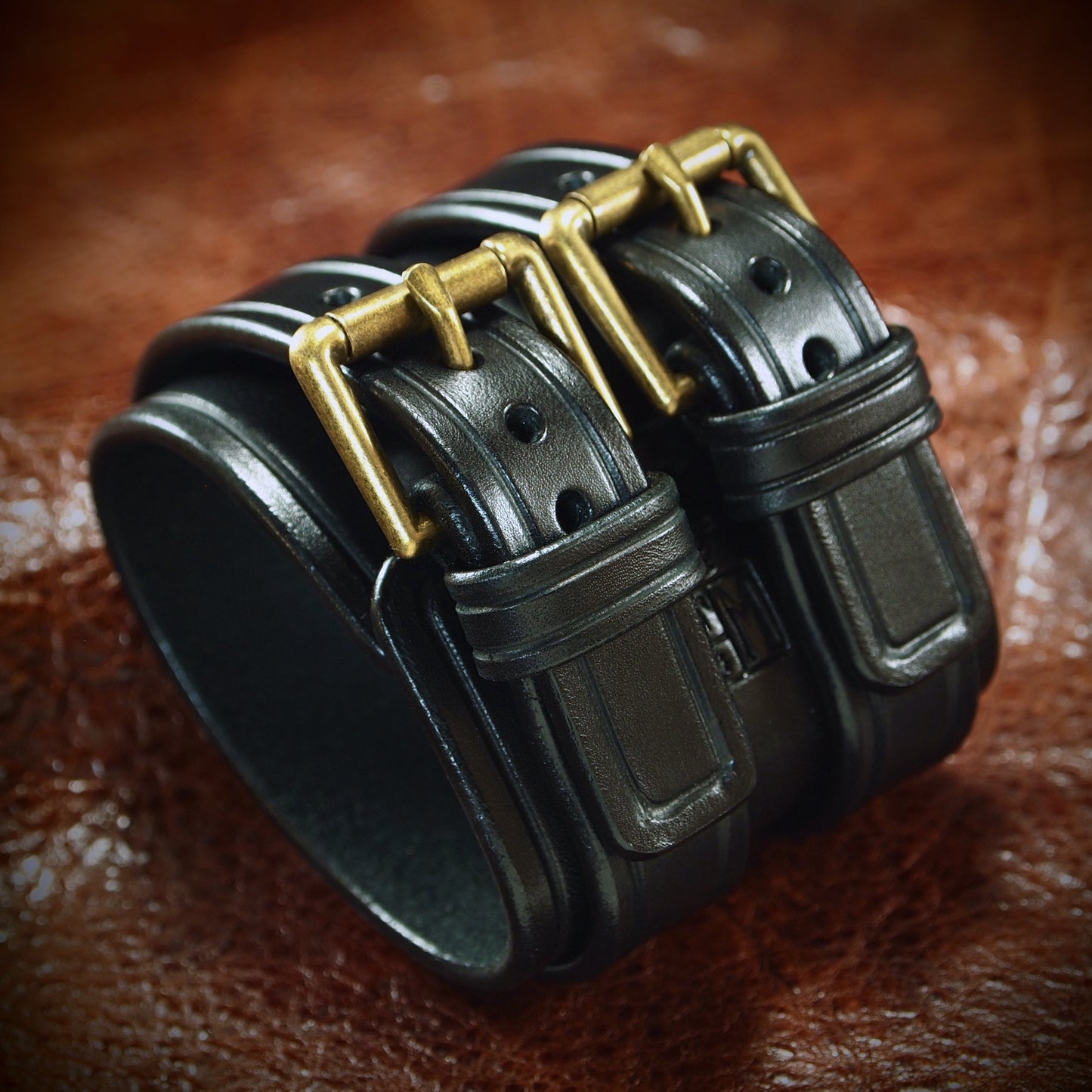 2.5" black double strap Leather cuff