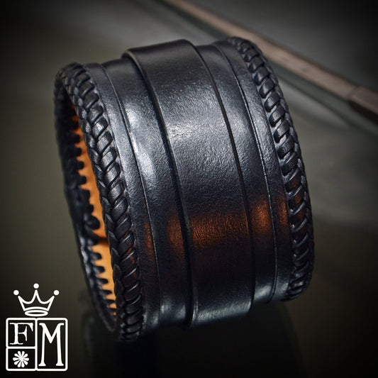 2" black hand braided snap cuff. Made In NEW YORK, USA Premium Italian Veg-tan leather
