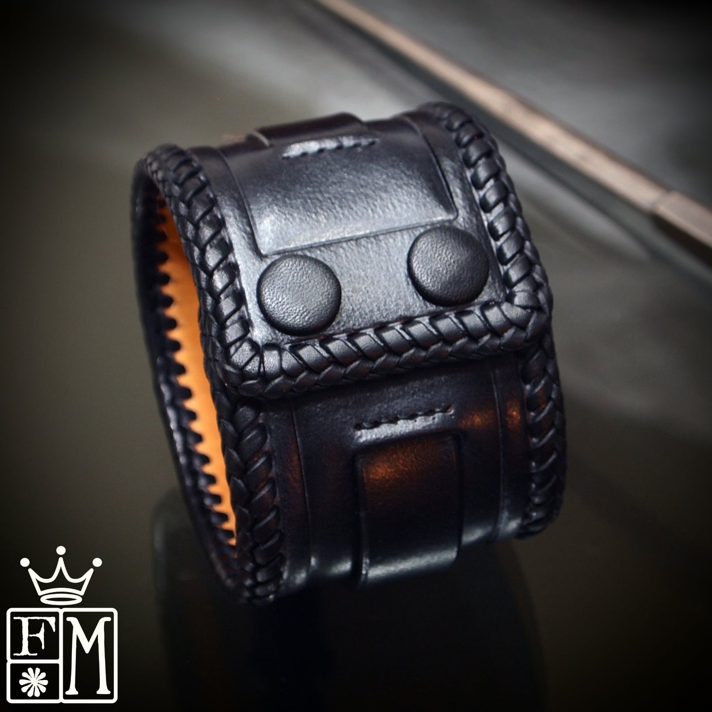 2" black hand braided snap cuff. Made In NEW YORK, USA Premium Italian Veg-tan leather