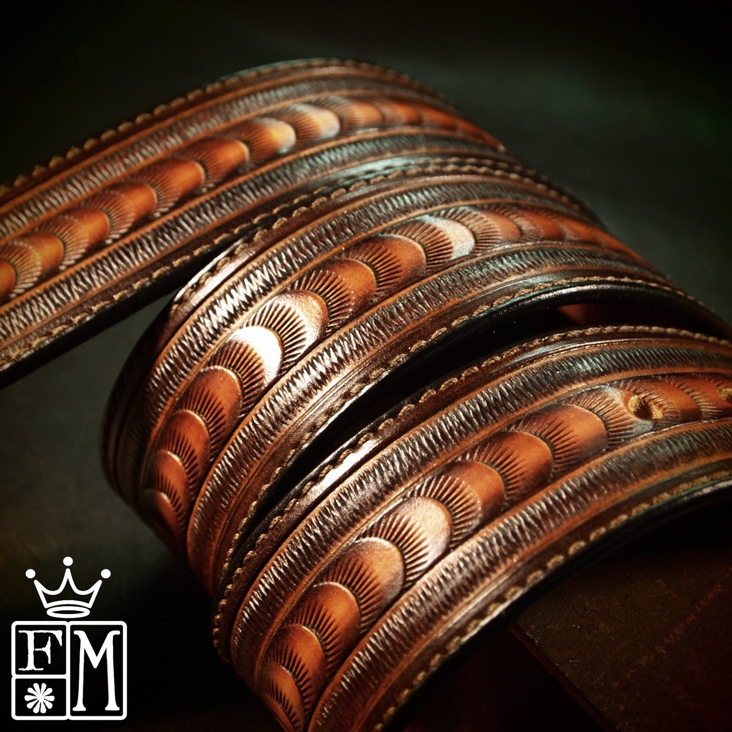 Hand tooled sunburst belt. Unique FM design