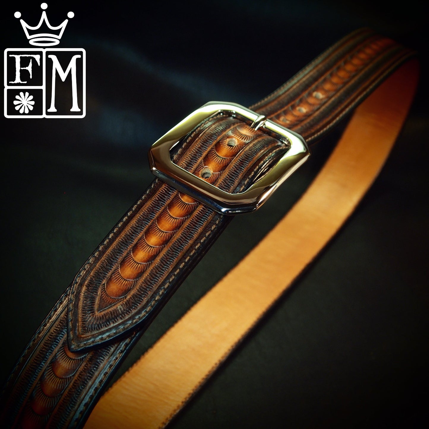 Hand tooled sunburst belt. Unique FM design