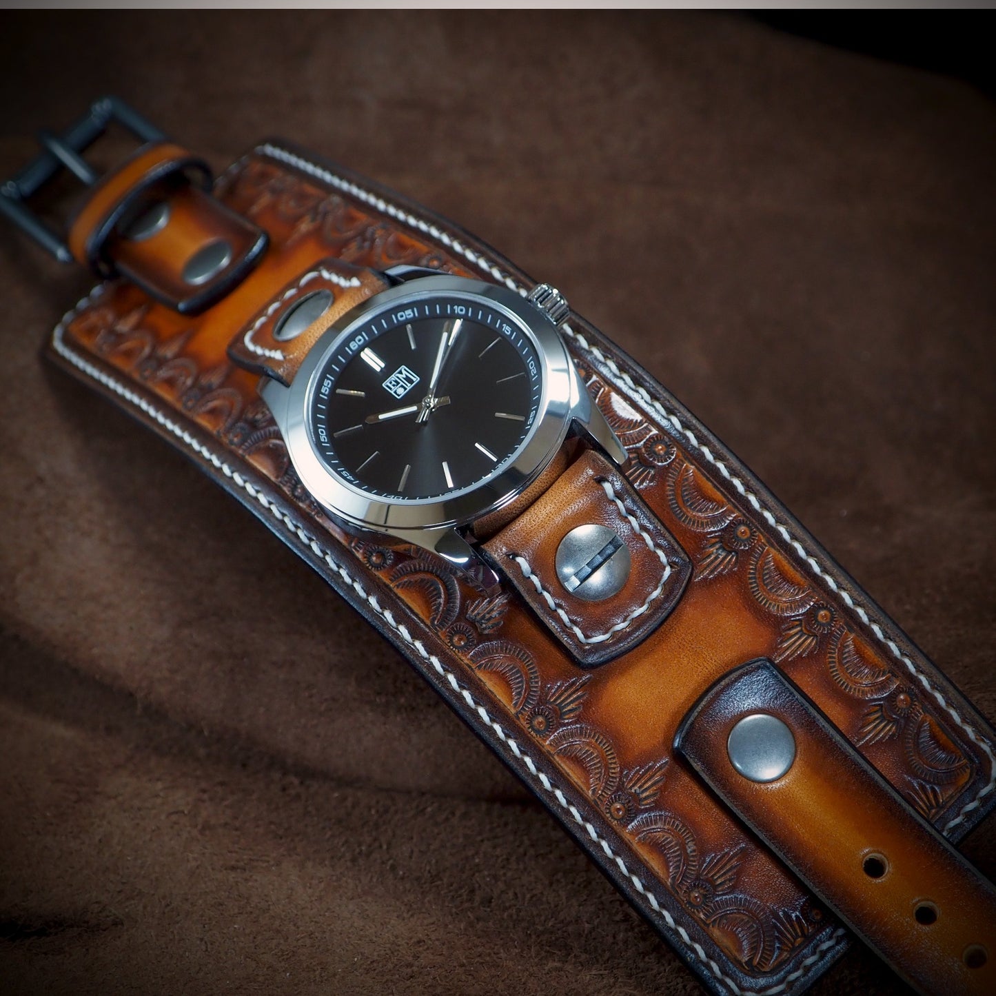 Sunburst stamped Leather cuff watch : Rich tones leather watchband. Hand Made In New York
