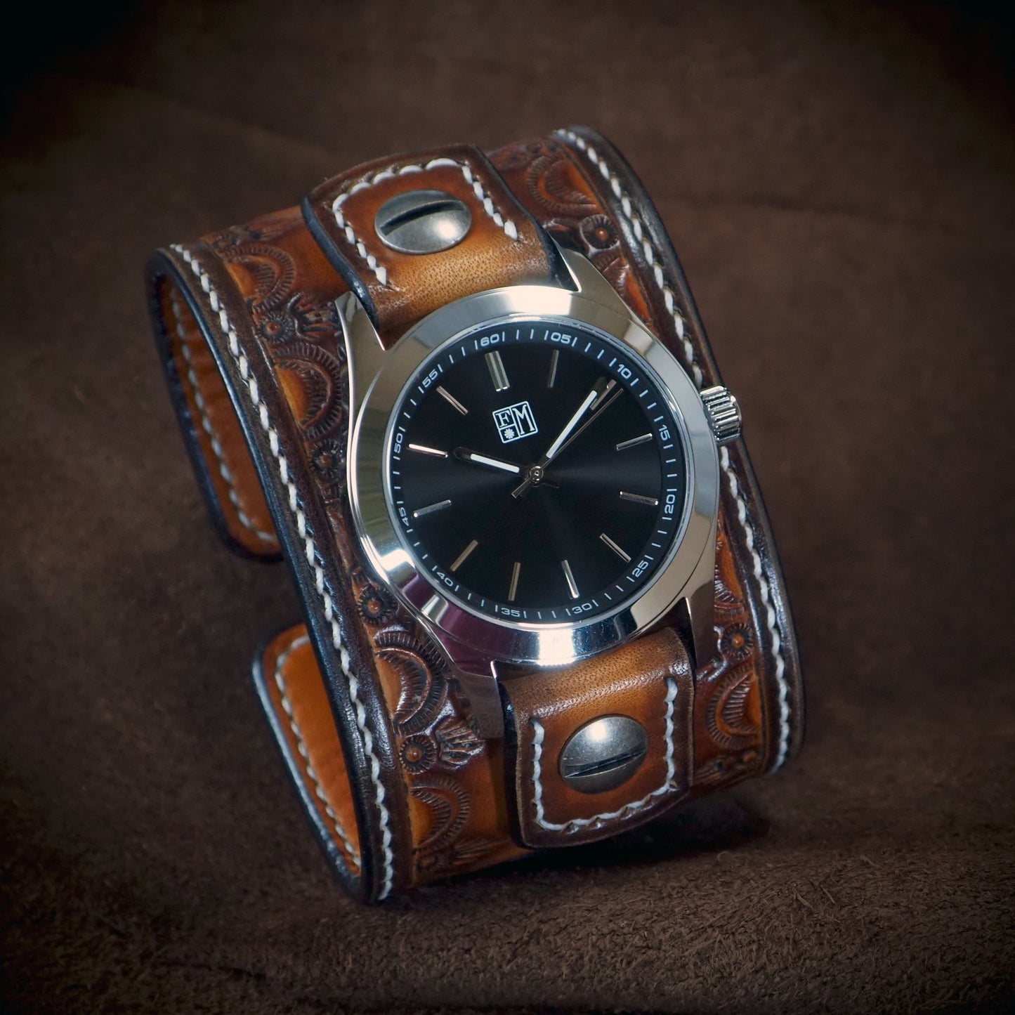 Sunburst stamped Leather cuff watch : Rich tones leather watchband. Hand Made In New York