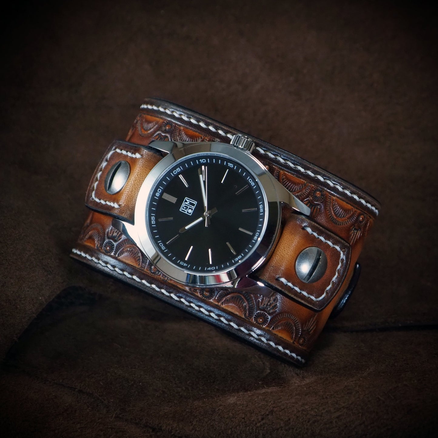 Sunburst stamped Leather cuff watch : Rich tones leather watchband. Hand Made In New York