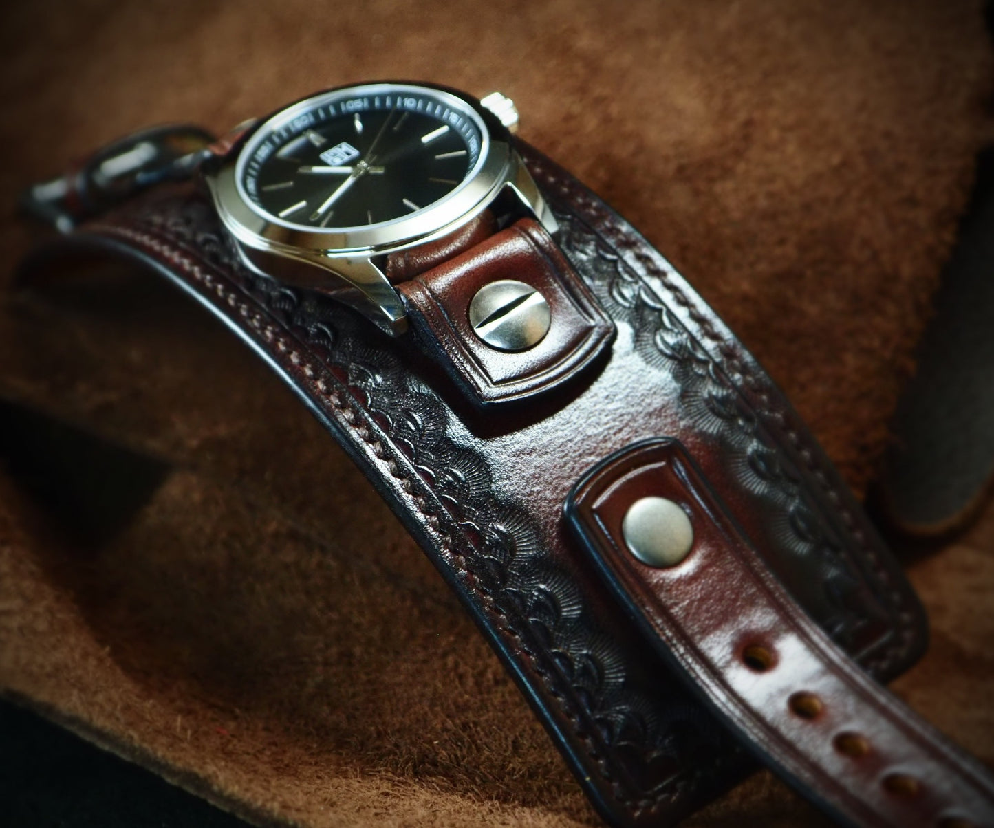 Mahogany stamped Leather cuff watch : Rich tones leather watchband. Hand Made In New York