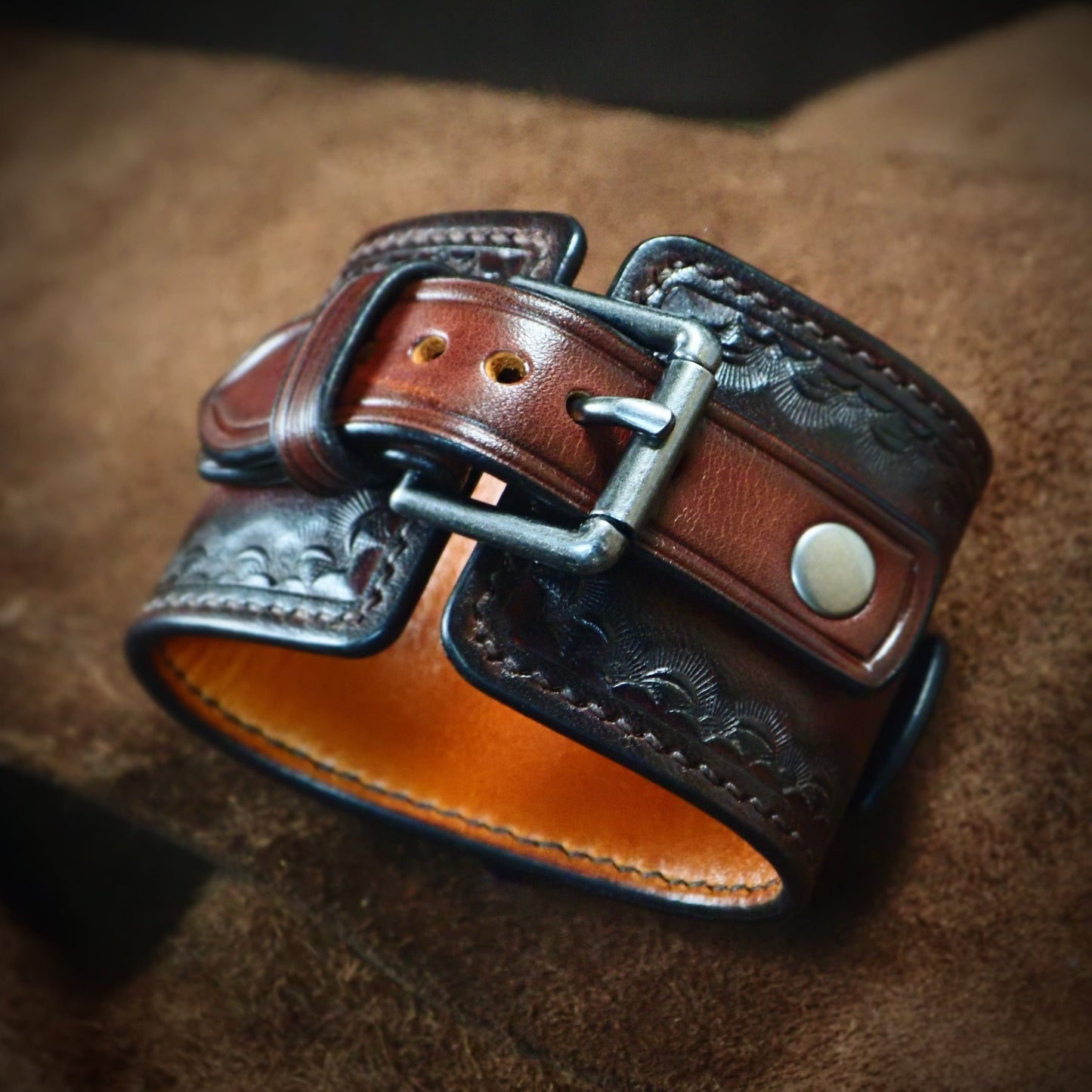 Mahogany stamped Leather cuff watch : Rich tones leather watchband. Hand Made In New York
