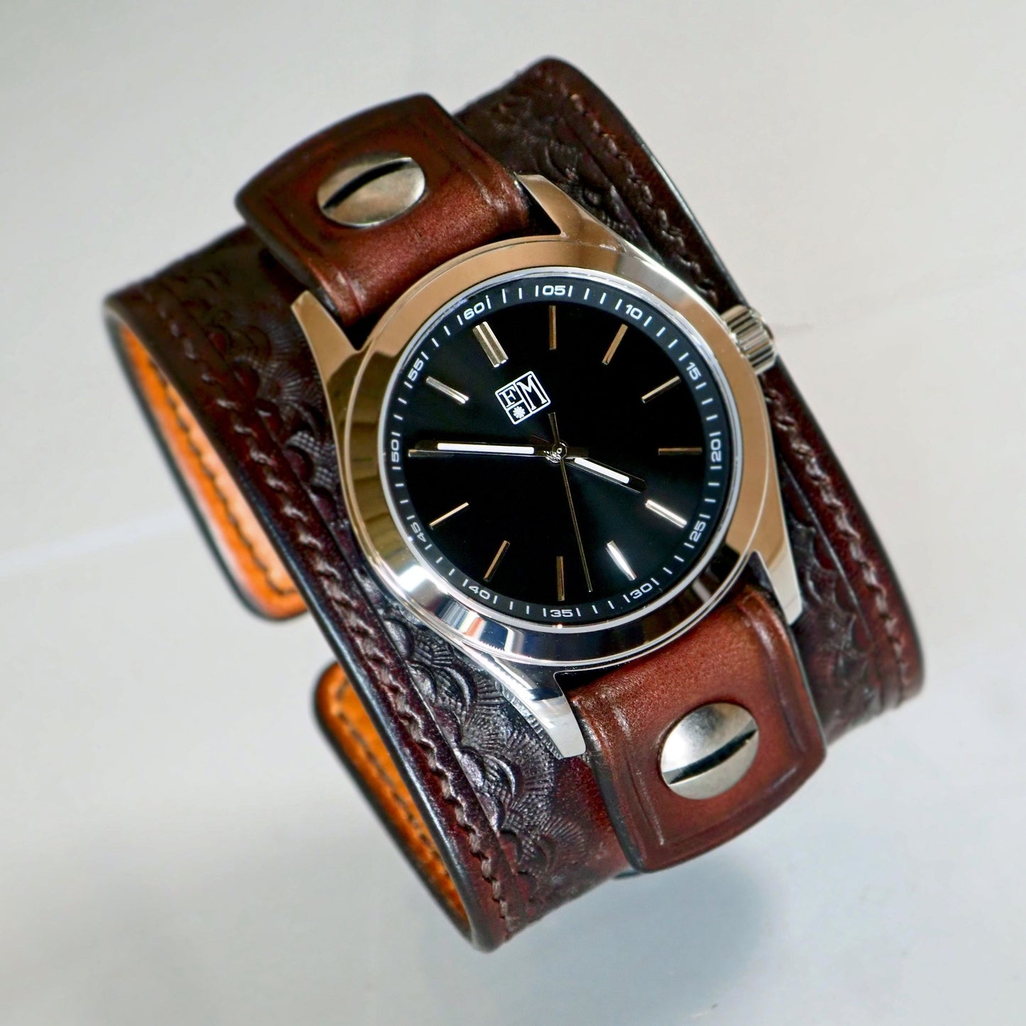 Mahogany stamped Leather cuff watch : Rich tones leather watchband. Hand Made In New York
