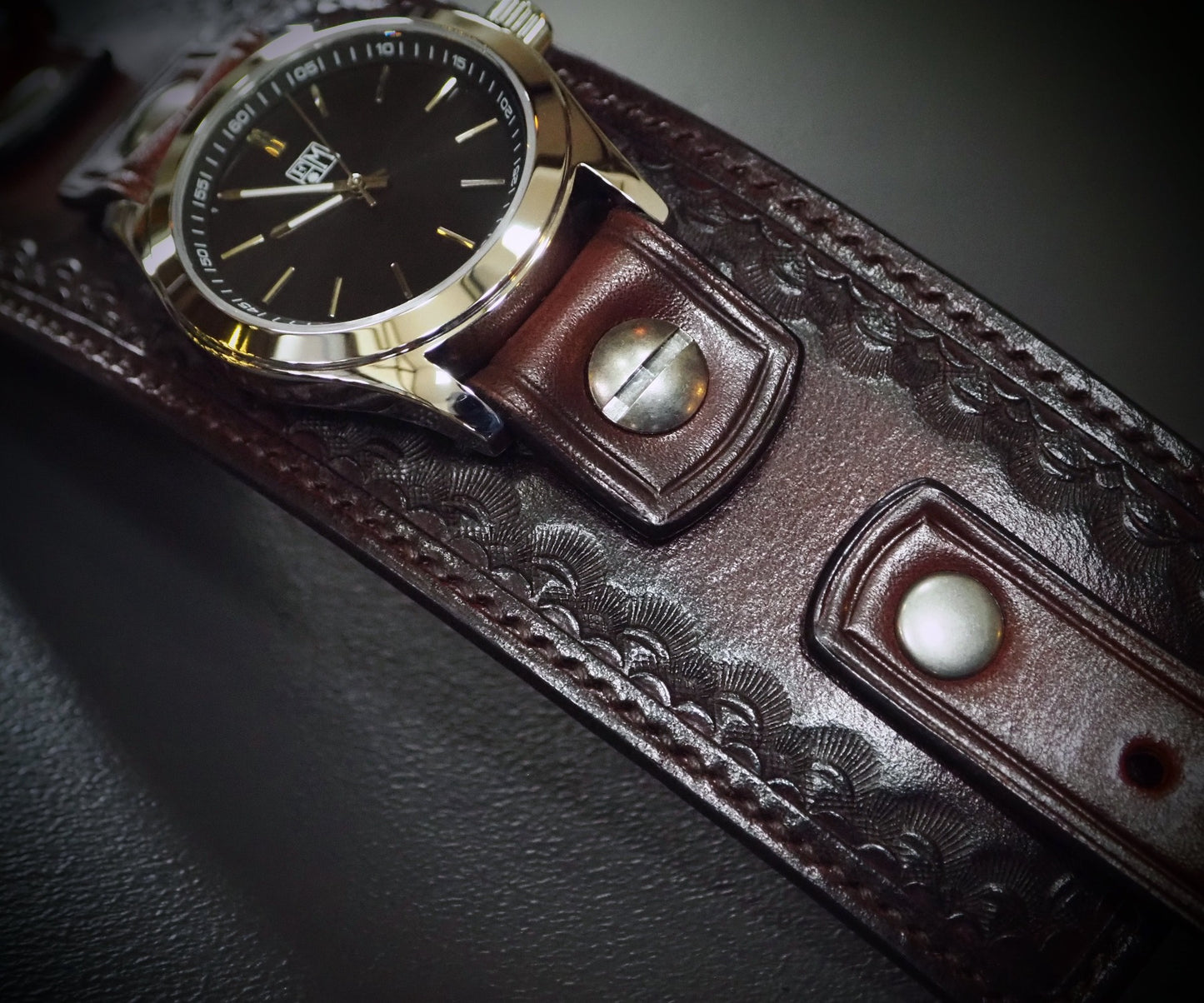 Mahogany stamped Leather cuff watch : Rich tones leather watchband. Hand Made In New York