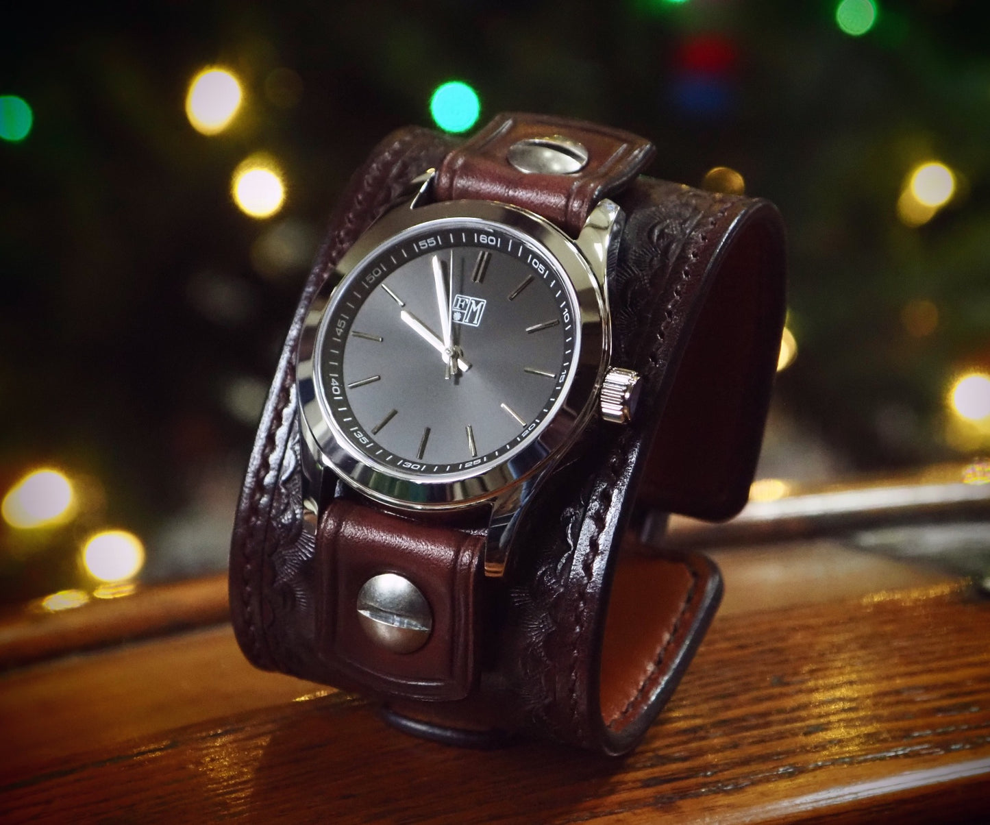 Mahogany stamped Leather cuff watch : Rich tones leather watchband. Hand Made In New York