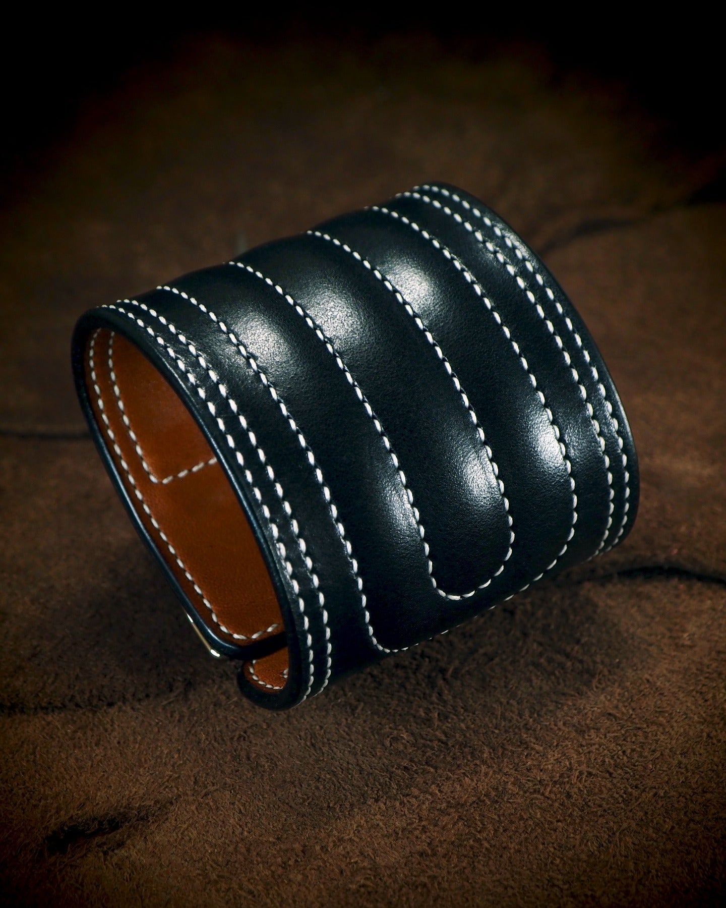 68 special black quilted handstitched double buckle Leather cuff