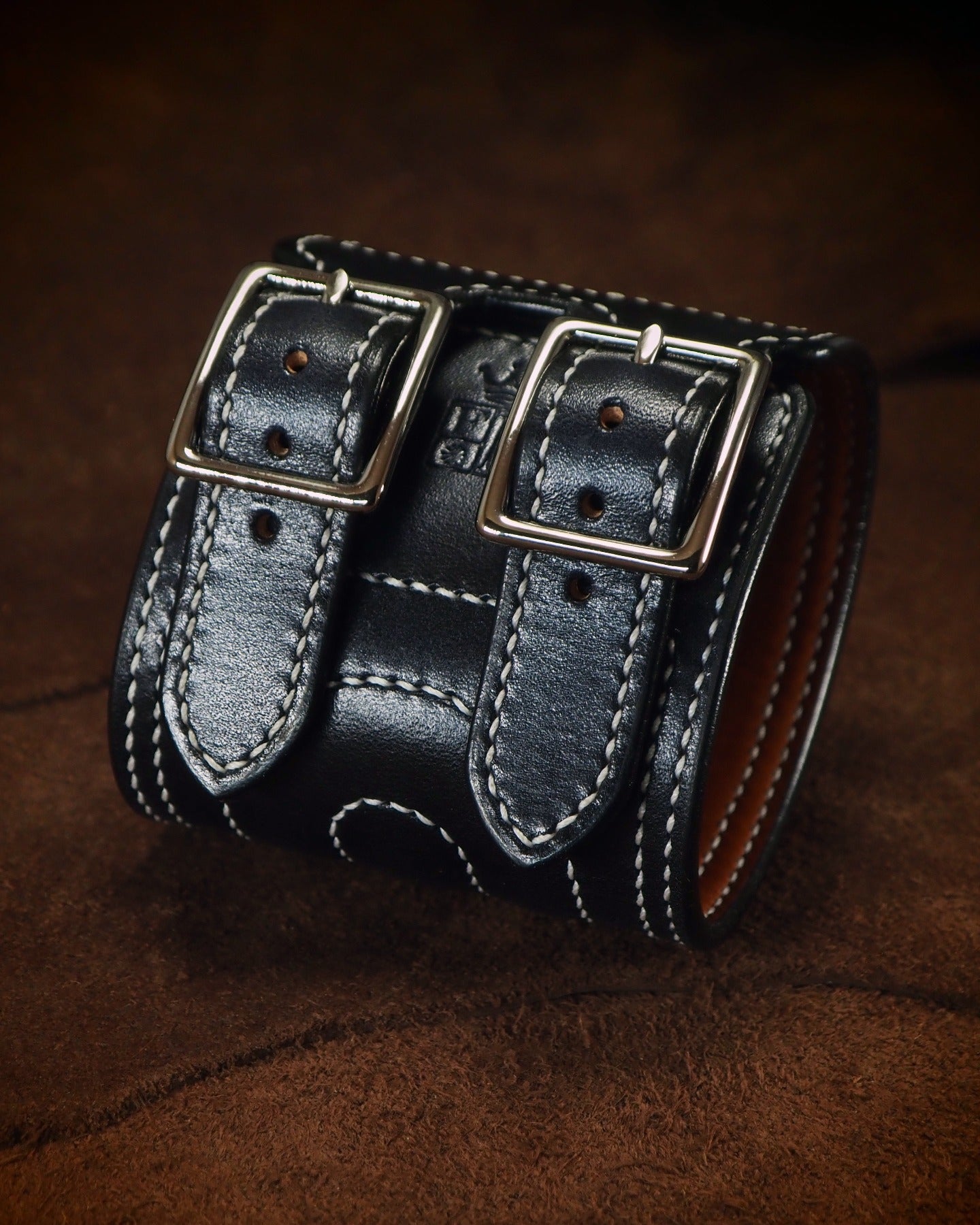 68 special black quilted handstitched double buckle Leather cuff