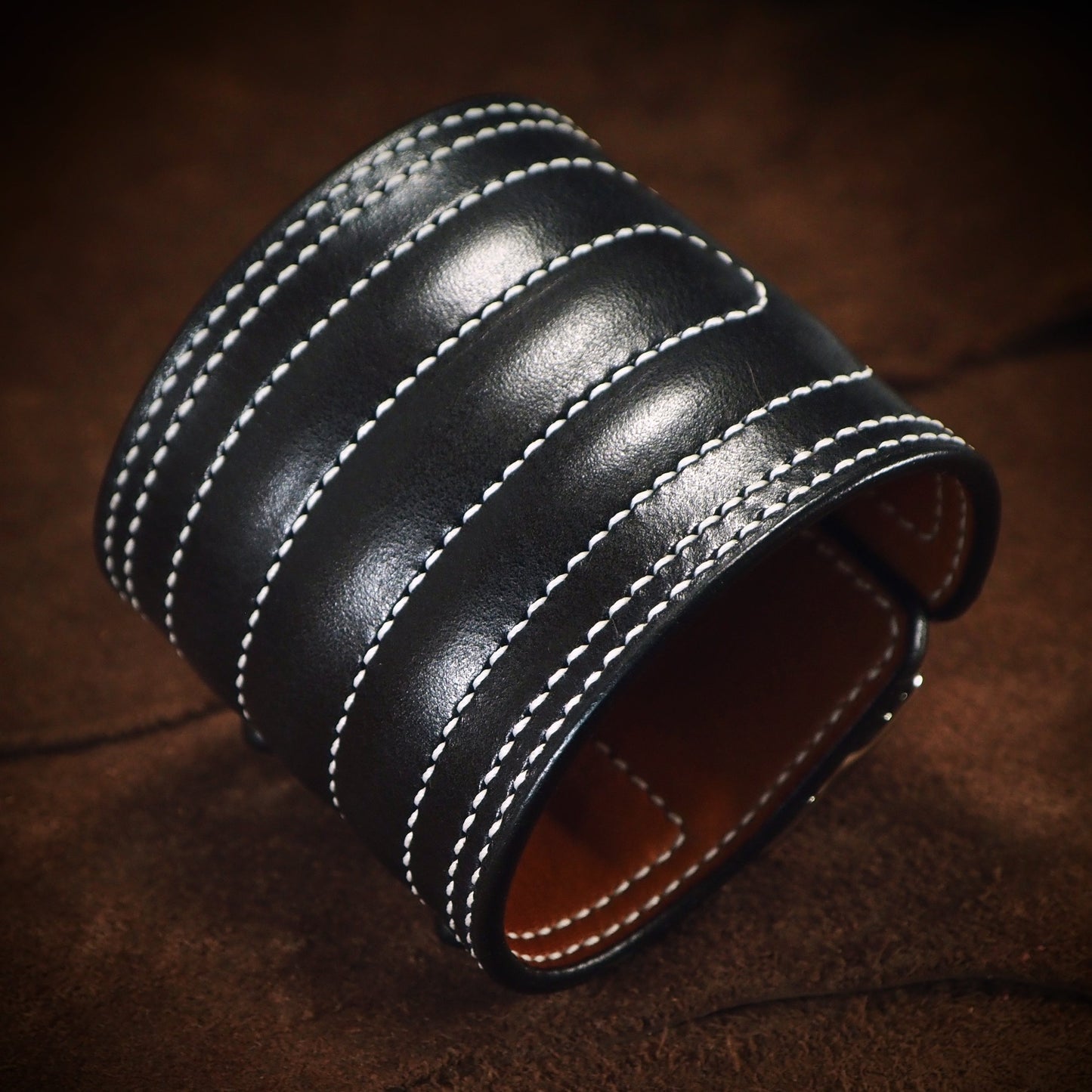 68 special black quilted handstitched double buckle Leather cuff