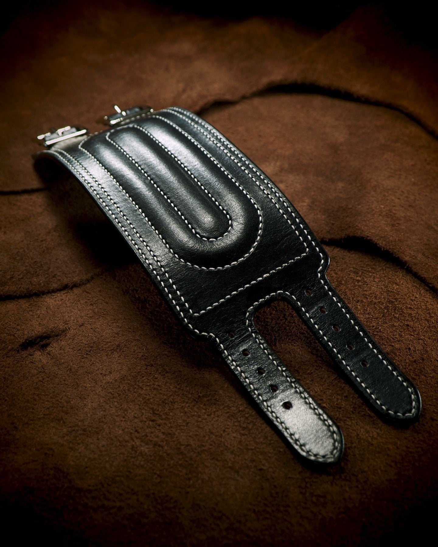68 special black quilted handstitched double buckle Leather cuff
