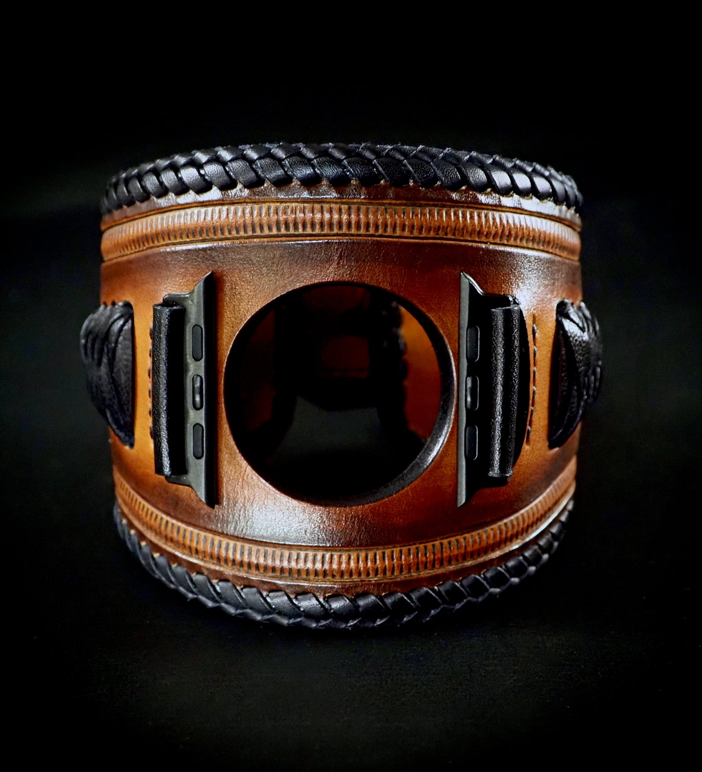 Apple Ultra watchband Vintage Sunburst/Black Hand laced and stitched!