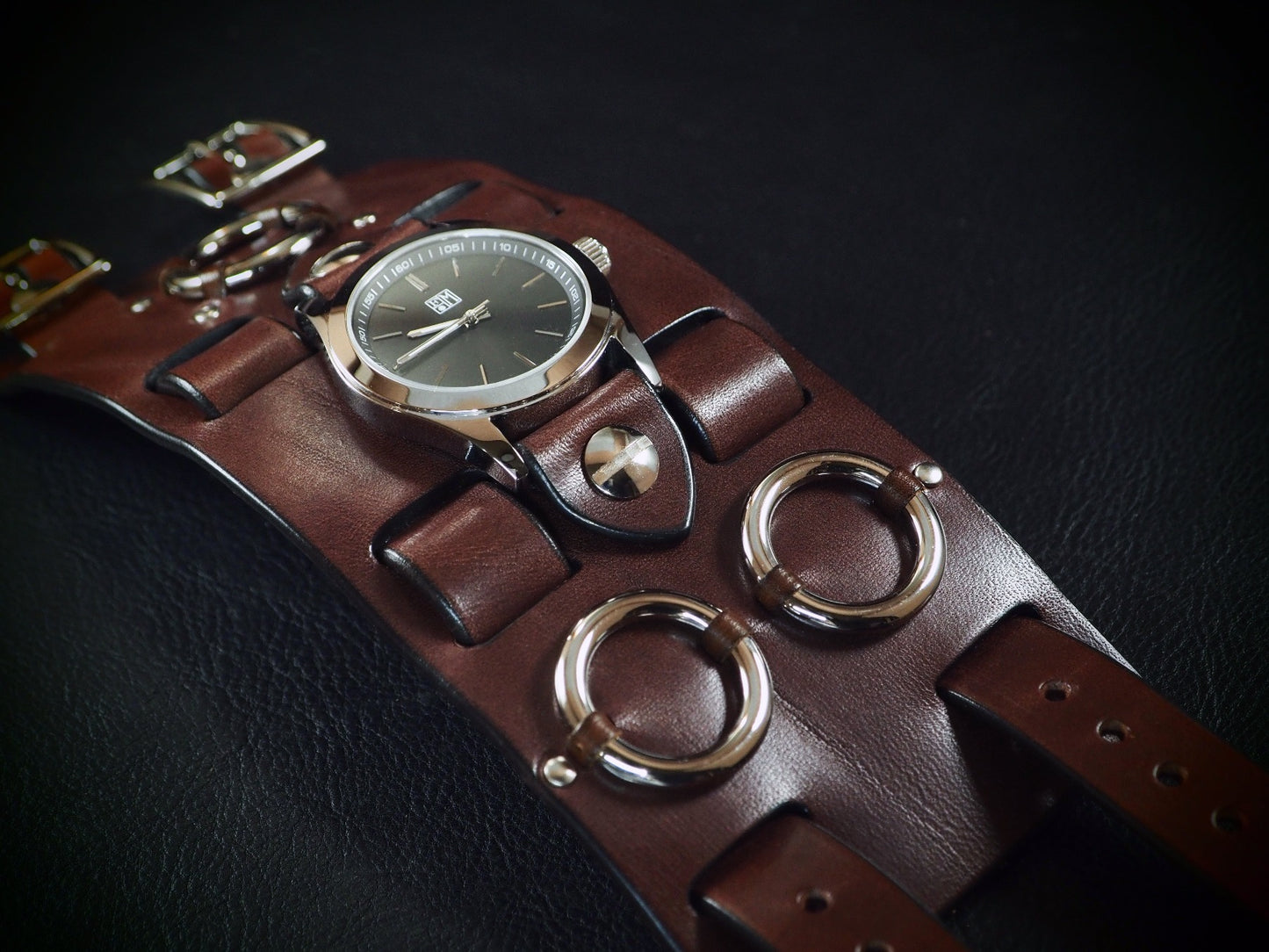 Brown Leather cuff watch: Elvis Metal style! Wide, Slick vintage design!