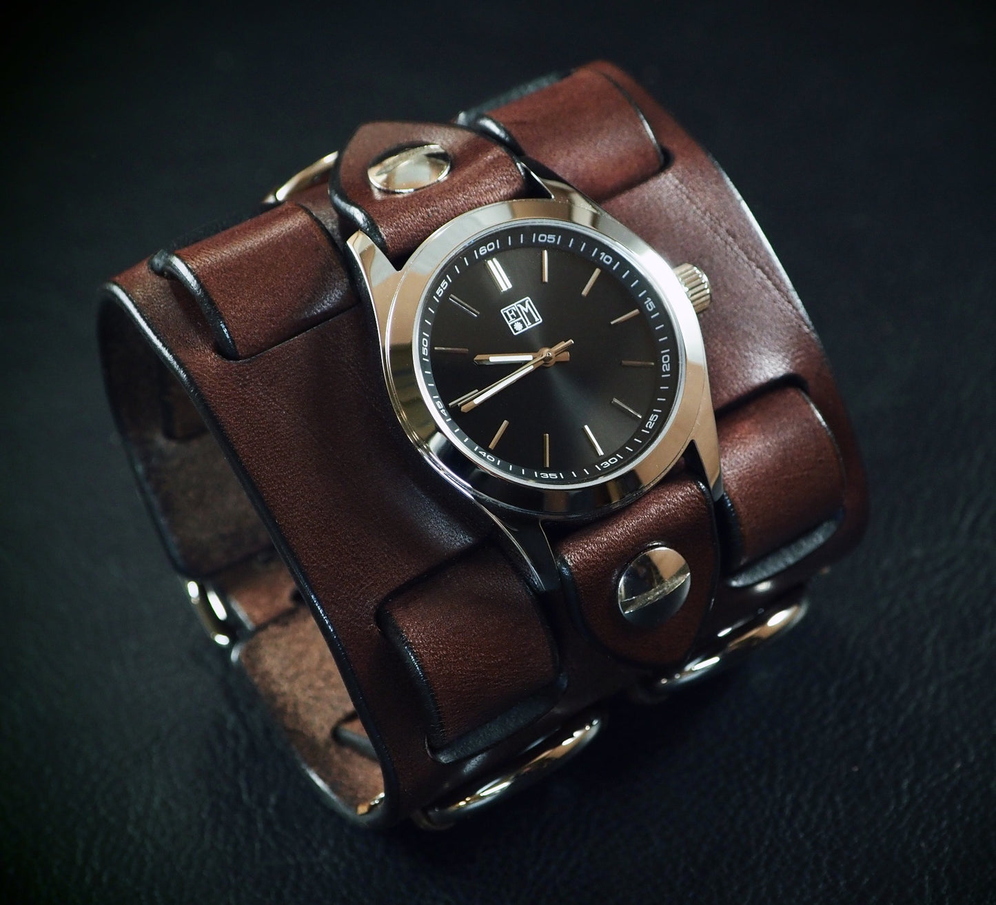 Brown Leather cuff watch: Elvis Metal style! Wide, Slick vintage design!