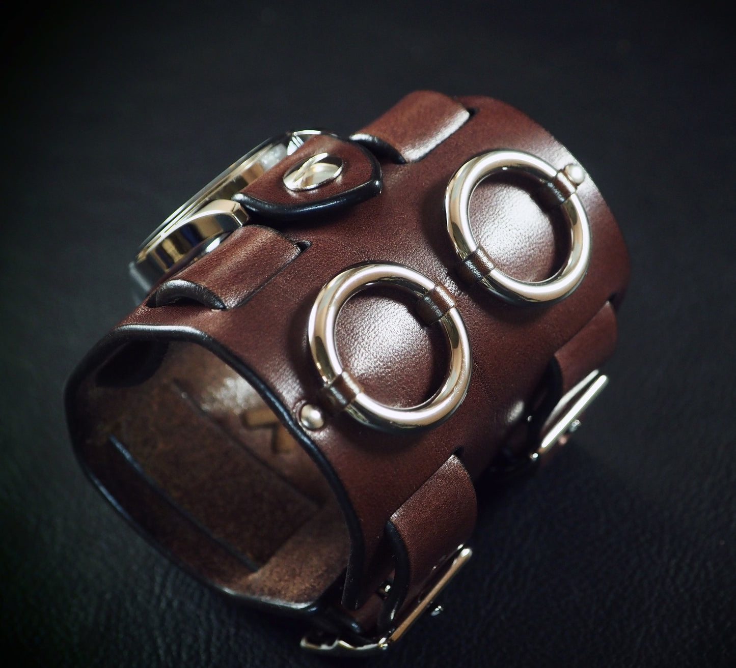 Brown Leather cuff watch: Elvis Metal style! Wide, Slick vintage design!
