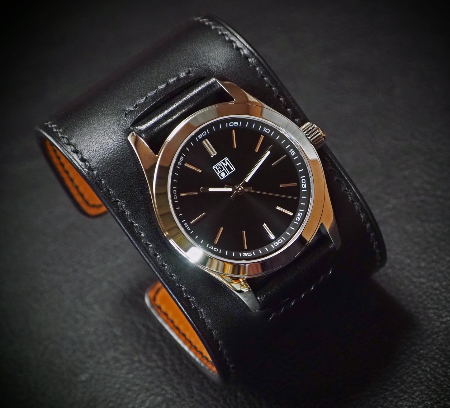 Black leather Cuff Watch, Italian and French leather, vegetable tanned, Freddie Matara New York