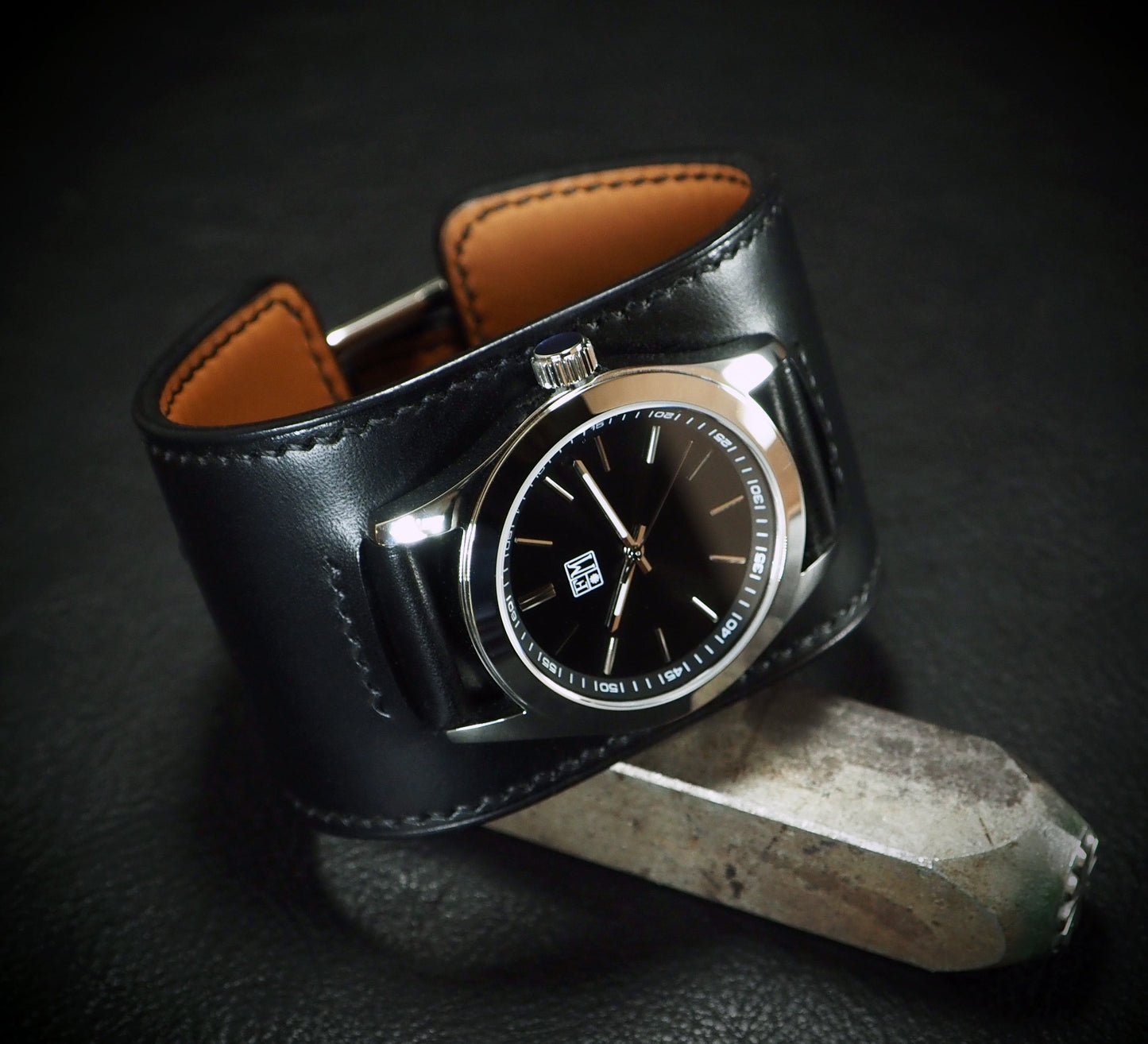 Black leather Cuff Watch, Italian and French leather, vegetable tanned, Freddie Matara New York