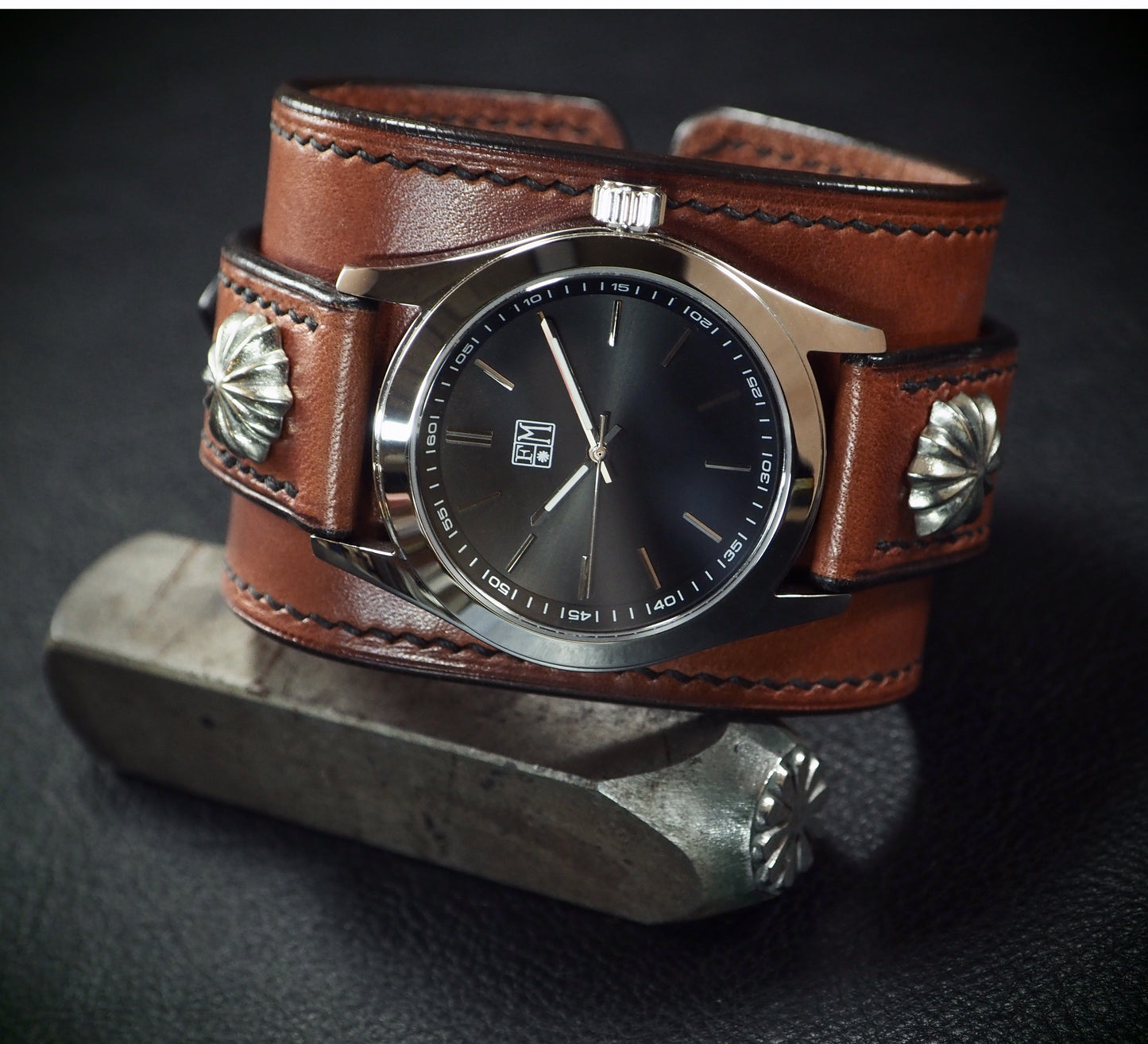Rich Tan leather Cuff Watch, Tuscan leather, vegetable tanned, Freddie Matara New York