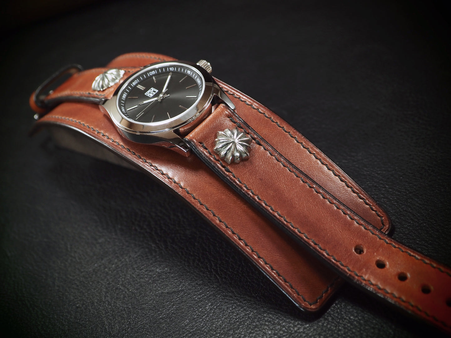 Rich Tan leather Cuff Watch, Tuscan leather, vegetable tanned, Freddie Matara New York