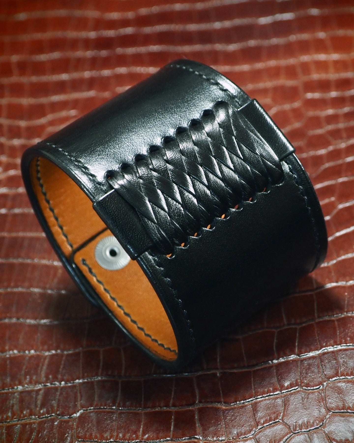 Black Leather cuff Bracelet : Braided Saddle wristband Handstitched. Handcrafted in New York!