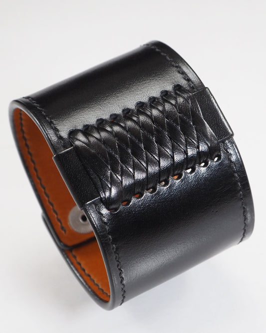 Black Leather cuff Bracelet : Braided Saddle wristband Handstitched. Handcrafted in New York!