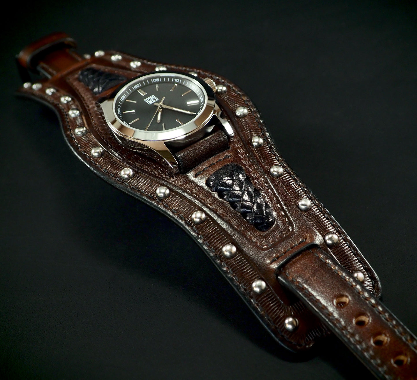 Western hand stamped Leather cuff watch : Rich tones leather watchband. Hand Made In New York