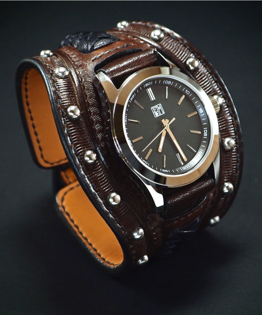 Western hand stamped Leather cuff watch : Rich tones leather watchband. Hand Made In New York
