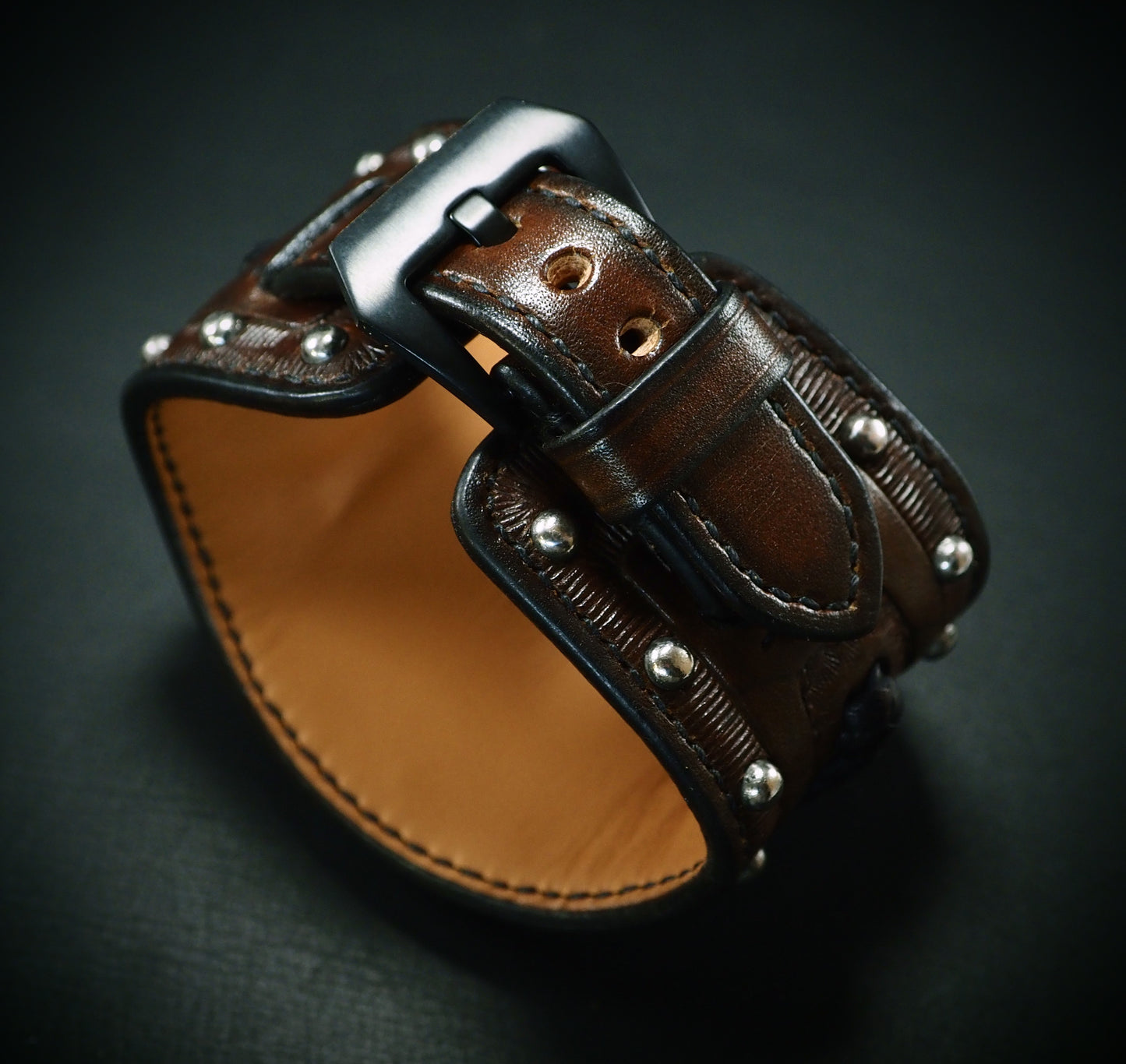 Western hand stamped Leather cuff watch : Rich tones leather watchband. Hand Made In New York