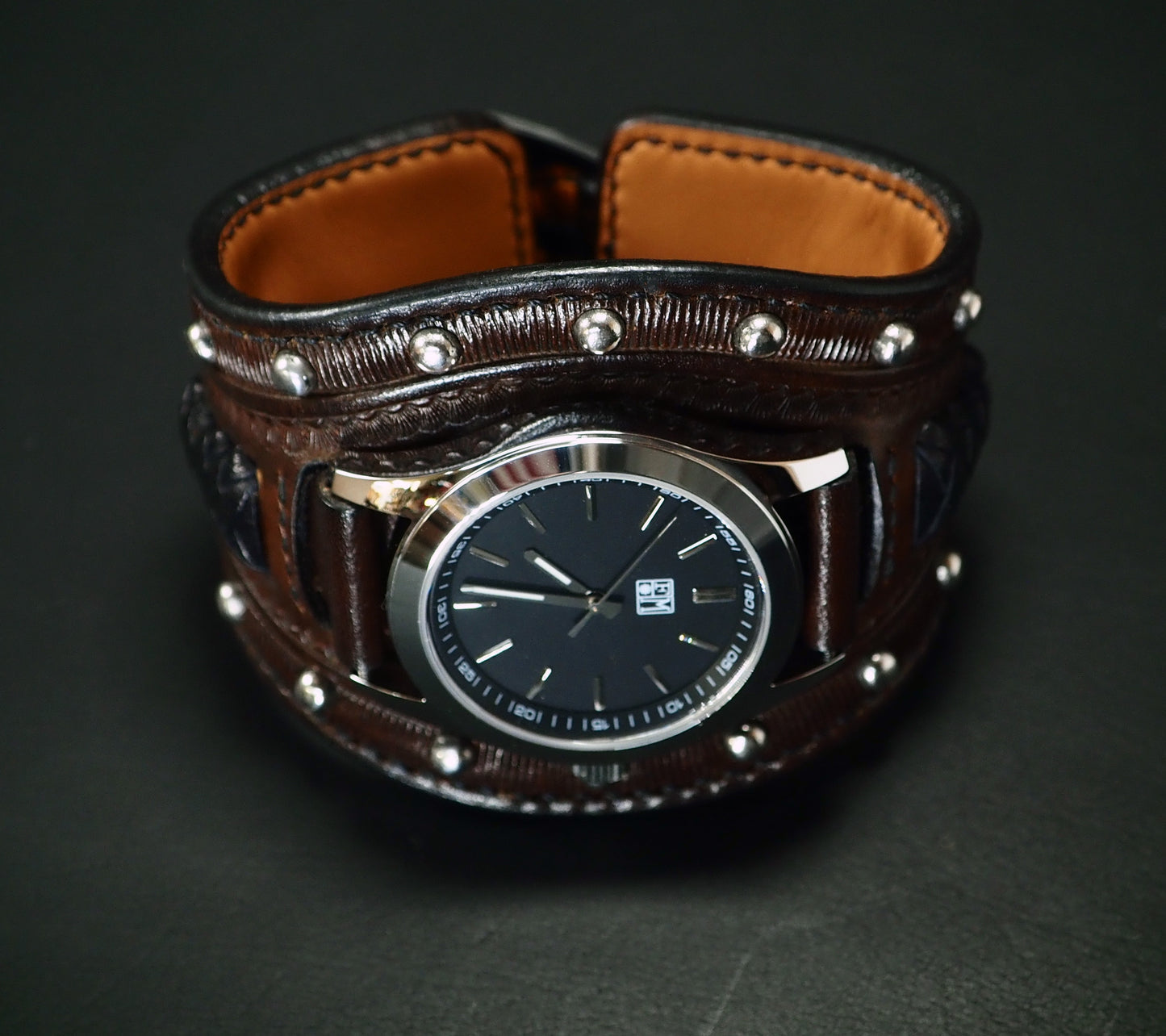 Western hand stamped Leather cuff watch : Rich tones leather watchband. Hand Made In New York