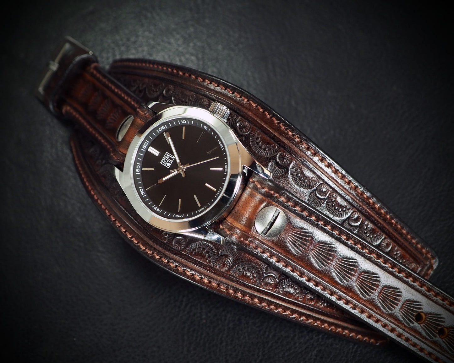 Western hand stamped Leather cuff watch : Rich tones leather watchband. Hand Made In New York