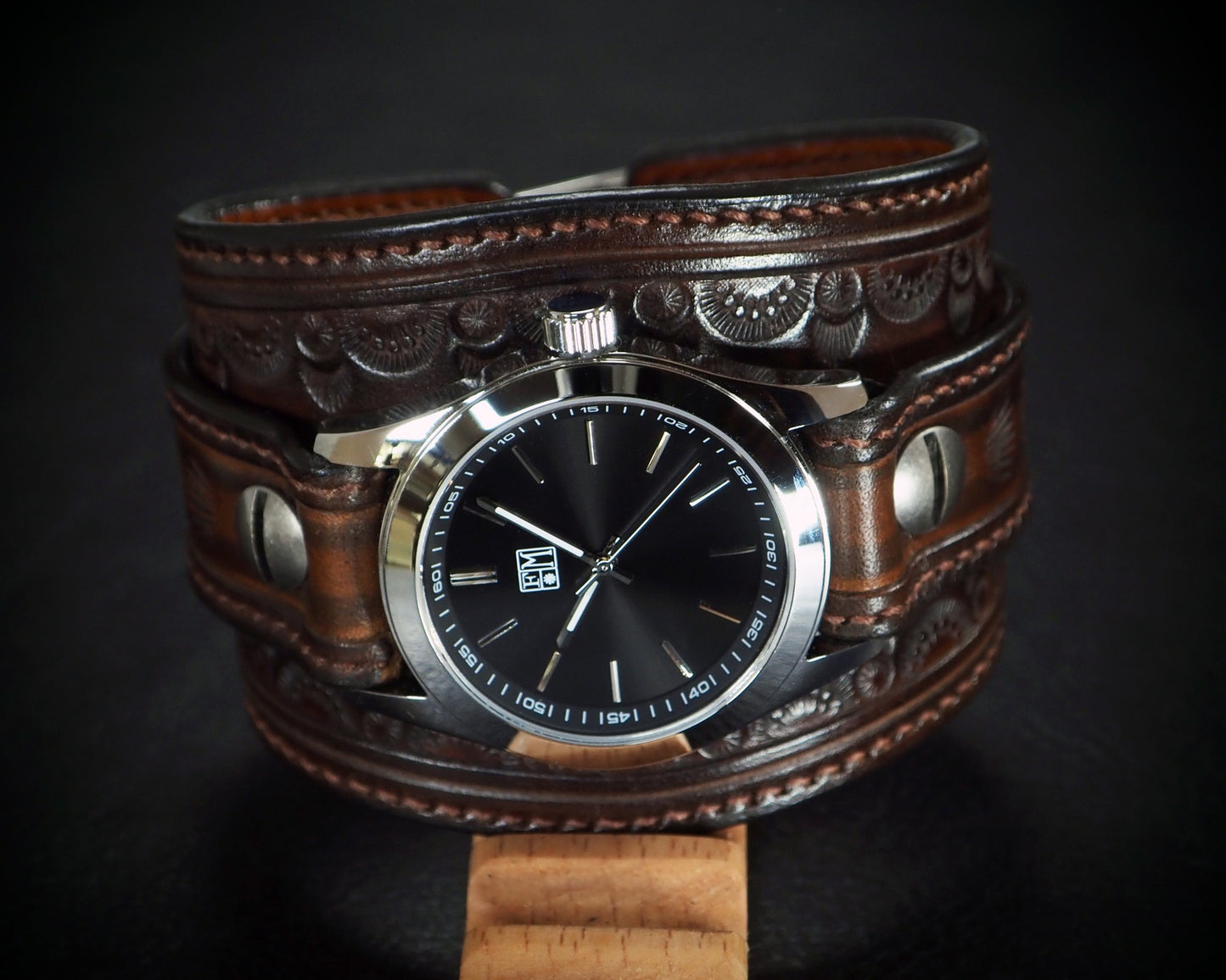 Western hand stamped Leather cuff watch : Rich tones leather watchband. Hand Made In New York