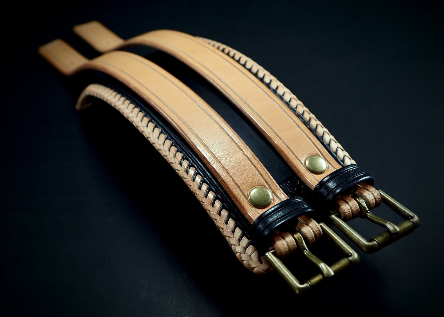 2.5" black and natural double strap Laced edge Leather cuff