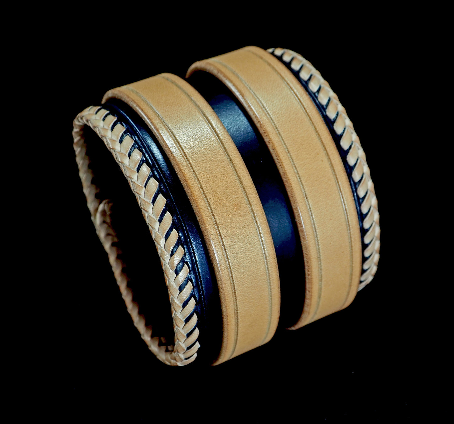 2.5" black and natural double strap Laced edge Leather cuff