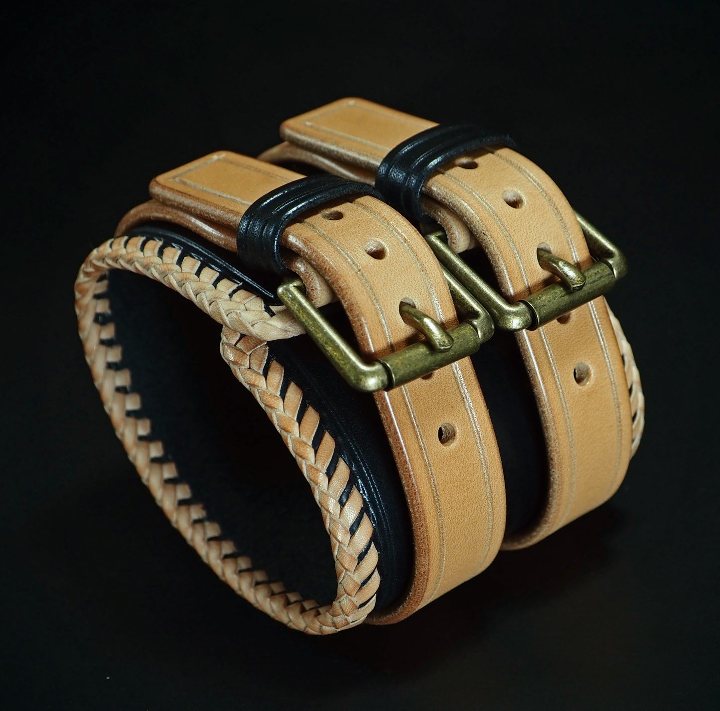 2.5" black and natural double strap Laced edge Leather cuff