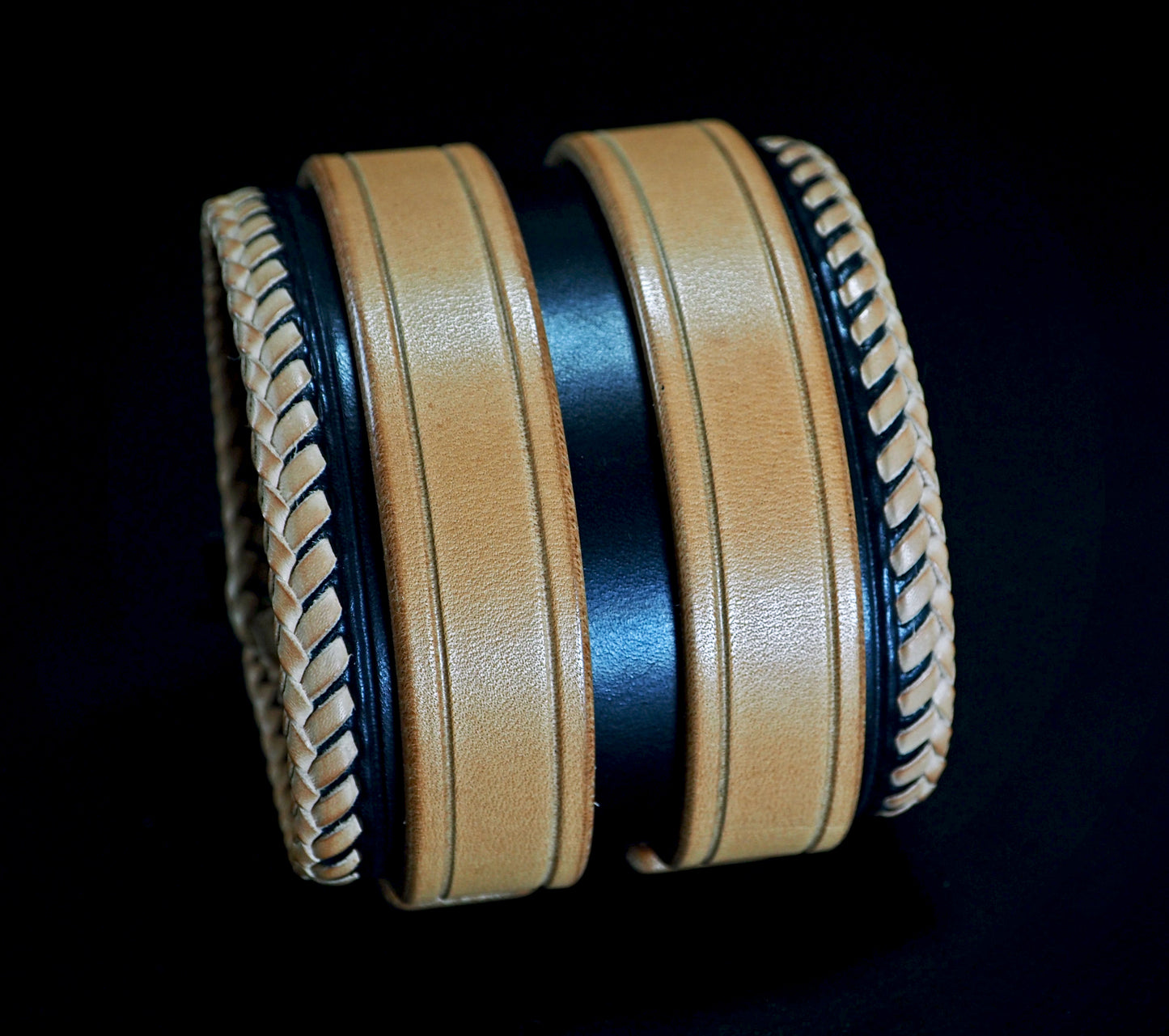 2.5" black and natural double strap Laced edge Leather cuff